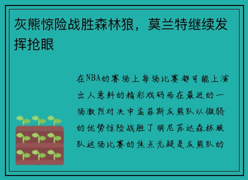 灰熊惊险战胜森林狼，莫兰特继续发挥抢眼