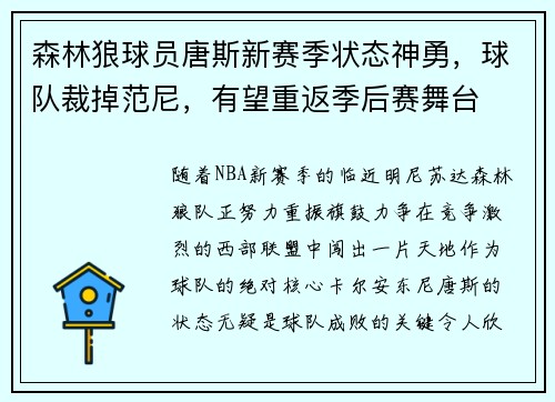 森林狼球员唐斯新赛季状态神勇，球队裁掉范尼，有望重返季后赛舞台