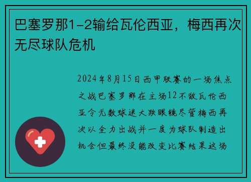 巴塞罗那1-2输给瓦伦西亚，梅西再次无尽球队危机